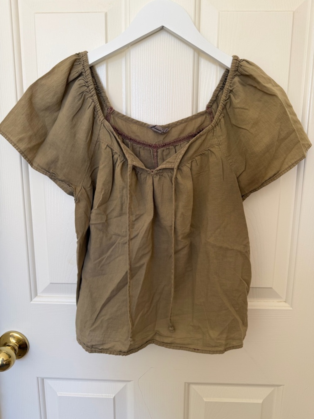 Olive Short-Sleeve Peasant Top with Drawstring